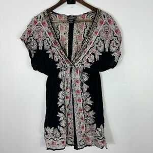 Angie Boho Tunic Dress S Black Pink Paisley Print Festival Ethnic Hippie Fairy